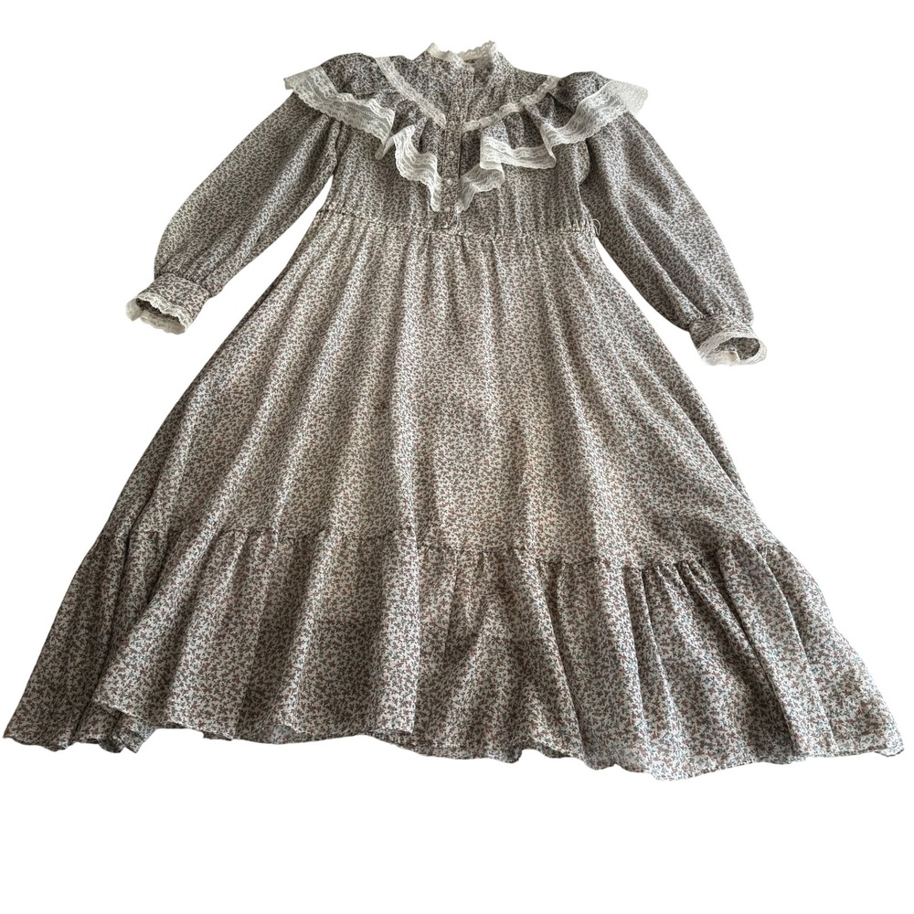 Vintage 70s Calico Ruffle Lace Cottage Prairie Frontier Lined Midi Dress sz‎ 9